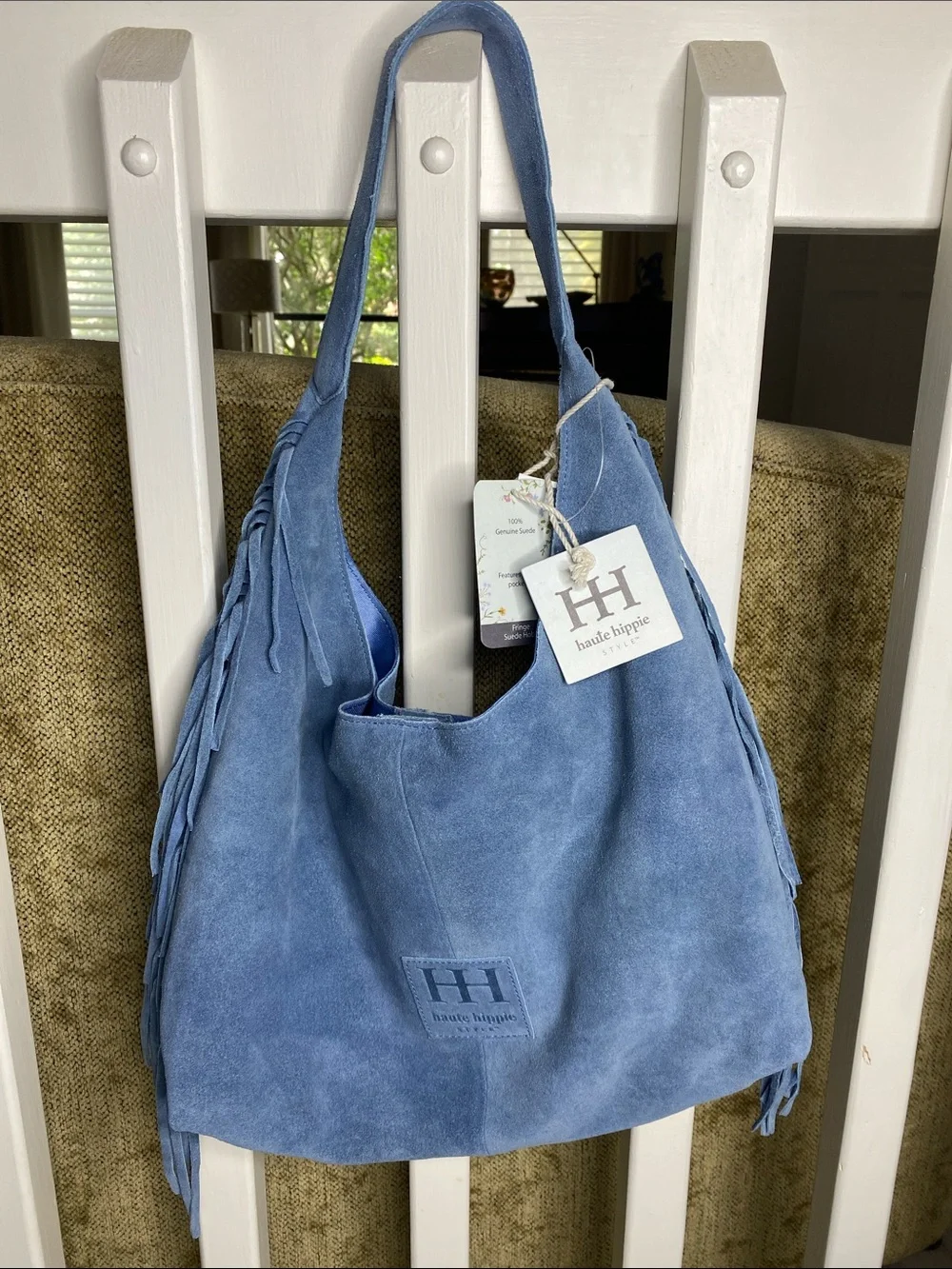 NWT! Haute Hippie Genuine Suede Powder Blue Slouchy Hobo Fringe Bag